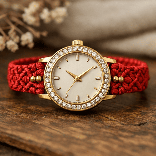 reloj de macrame rojo con cara dorada y brillanes