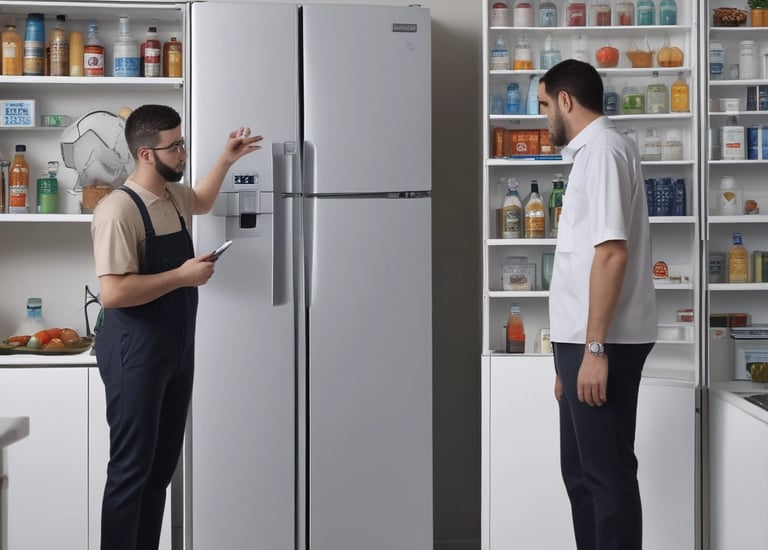 Technician repairing a high-end American refrigerator in a modern kitchen