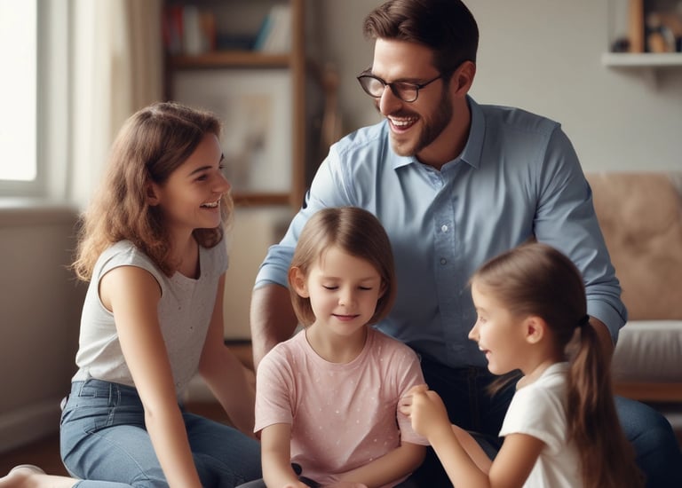 Sketch of a family reading together under a lamp on blueprint paper.