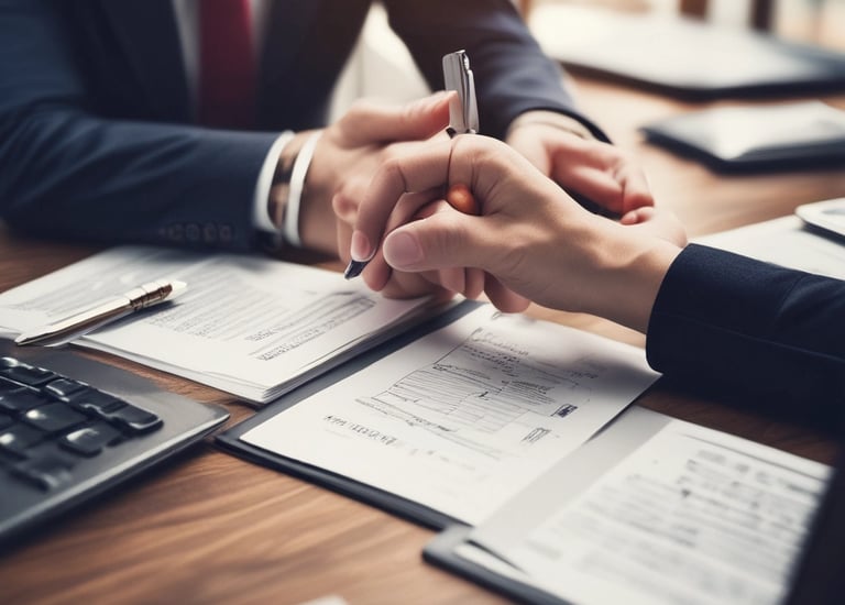 Stacked reports and a laptop displaying financial data.