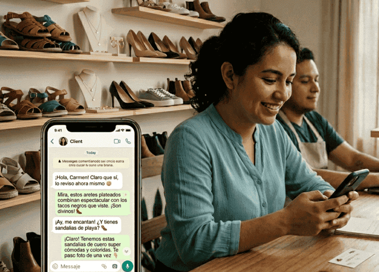 La dueña de un negocio usa WhatsApp en su teléfono inteligente para chatear con un cliente.