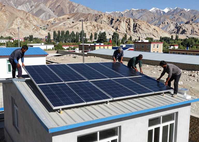 A solar rooftop installation gleaming under Ladakh's clear blue sky.