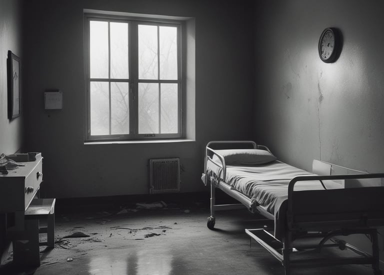 Shadowy figure standing in a dimly lit corridor.