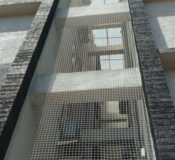 Installation team fitting pigeon nets on a commercial property in Bangalore.