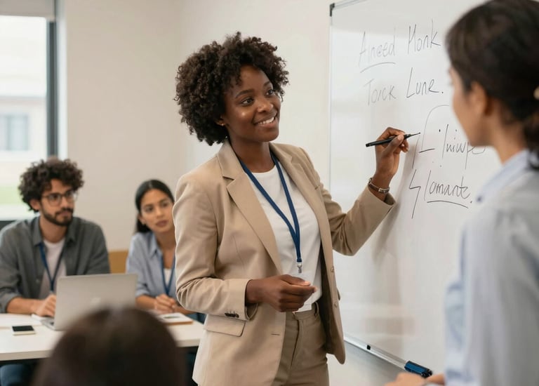 A diverse team in a bright meeting room mapping out organizational strategies on a whiteboard