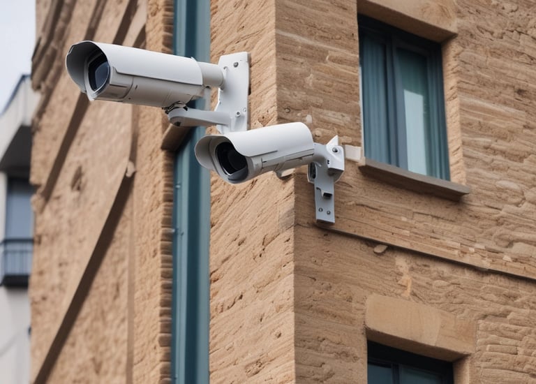 Security cameras positioned on a solar-powered building’s exterior in daylight.