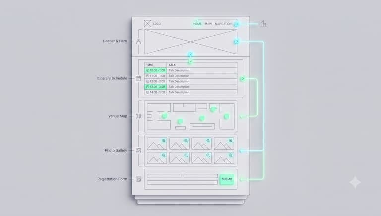 Wireframe diagram of an event website layout with sections for itinerary, venue map, and registration.