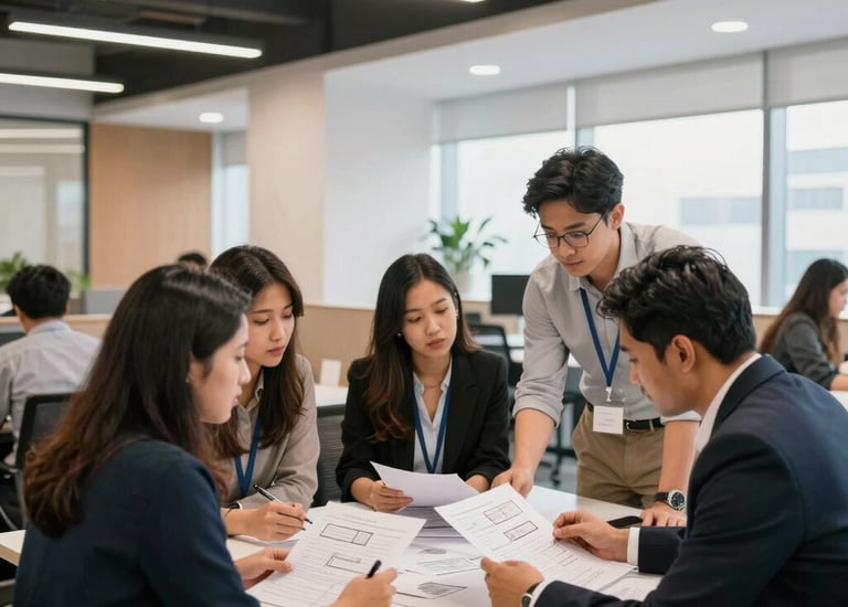A team meeting with housing society members discussing plans.