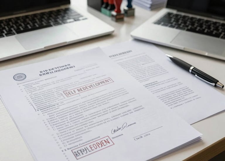 Blueprints and legal documents spread across a conference table.