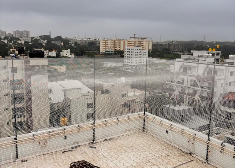 Close-up of strong safety netting material used in installations.