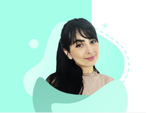 Professional headshot of a smiling woman with dark hair over a turquoise abstract graphic background.