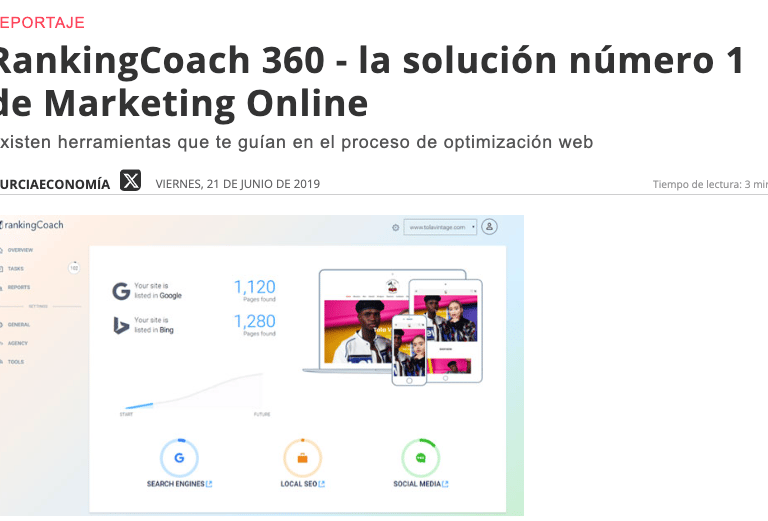 Screenshot of rankingCoach 360 marketing online dashboard showing SEO metrics and local search tools.