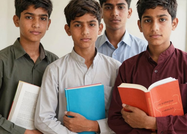 A group of smiling Pakistani school children holding new textbooks and notebooks in a bright classroom.