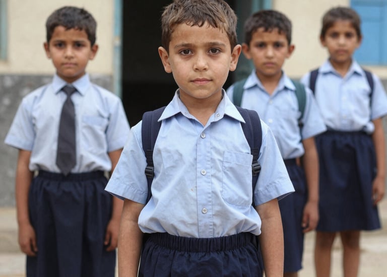 A young girl proudly wearing her new school uniform and holding a stationery kit.