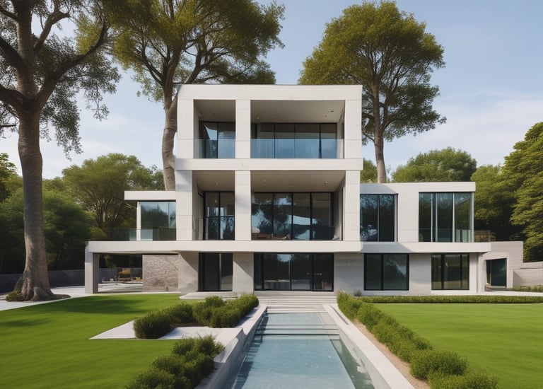 A newly built custom home with warm wood accents and large windows.