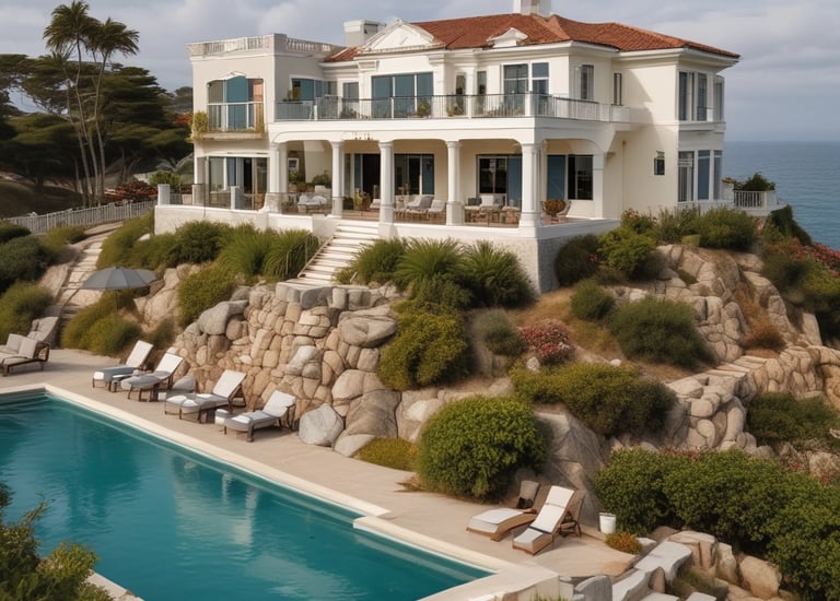 Evening view of a custom home with pool lights glowing softly.