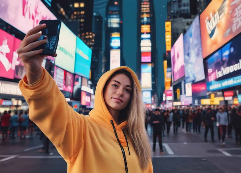 Influencer shot of a model rocking vibrant orange sneakers with glowing neon accents.
