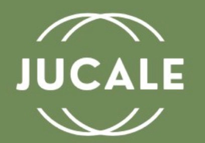 White JUCALE brand logo with arched line accents on a solid olive green background.