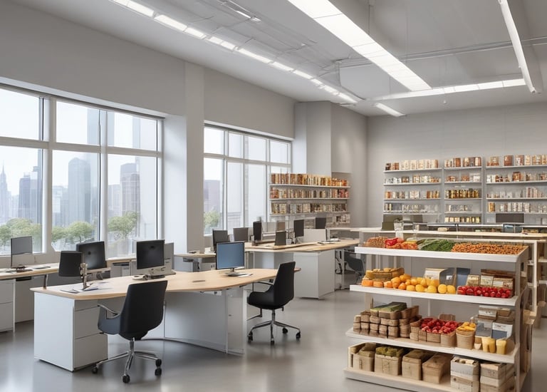 A bustling international food market with diverse products and traders exchanging goods.