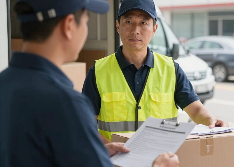 Courier handing over a secure medical package outside a healthcare clinic.