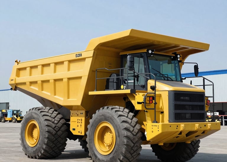 Close-up of a heavy truck’s rugged tires gripping a muddy mining site.