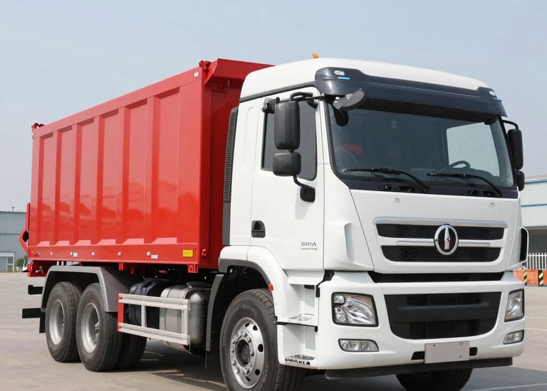 A bright red tipper truck unloading gravel on a road construction project.
