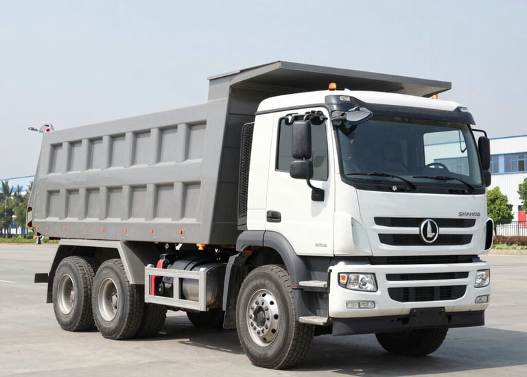 A powerful dumper truck loaded with earth on a construction site at sunset.