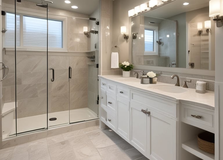 Elegant bathroom remodel featuring sleek tiles and updated fixtures.