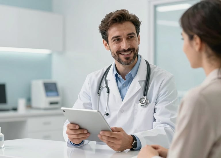 A professional and friendly doctor in a modern clinic in a Turkish city, wearing a white coat and holding a digital tablet, speaking with a patient. The background is a clean, bright medical facility with light blue and off-white tones. Middle Eastern / Turkish setting, soft natural lighting, high-end photography style.