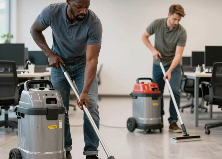 A pristine coworking space with gleaming floors and organized desks after cleaning.