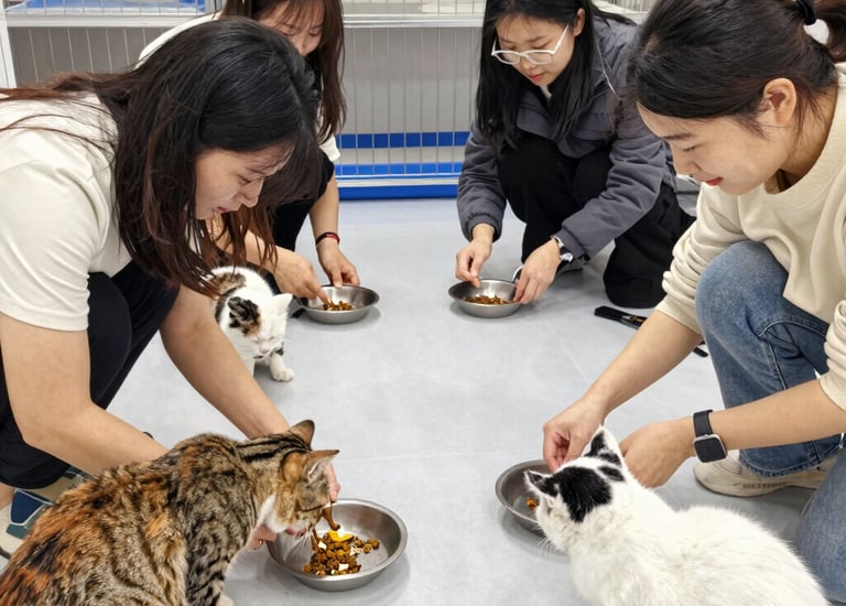 A volunteer handing a bag of fresh cat food to a licensed stray cat care group.