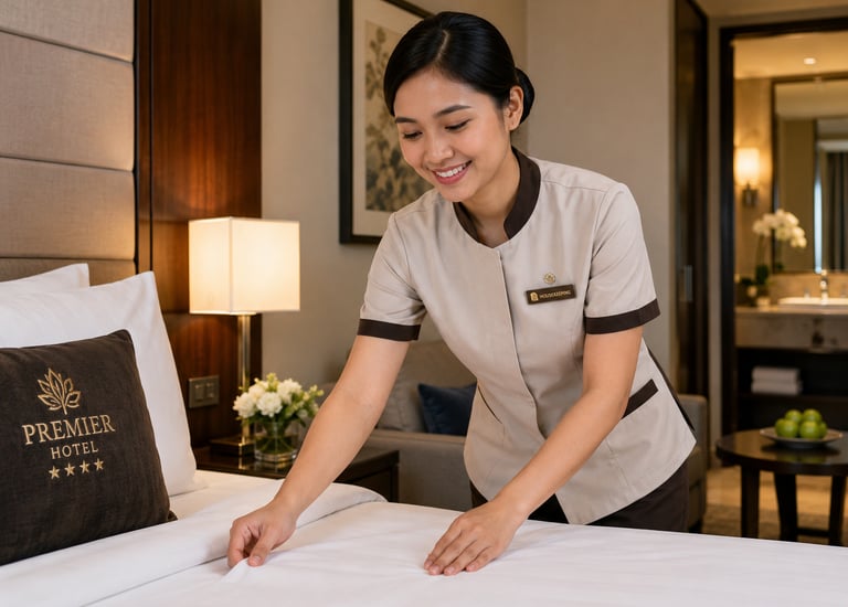 A smiling hotel housekeeper in uniform making the bed in a luxury Premier Hotel room.