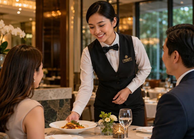 A smiling hotel waitress in a formal uniform serving a gourmet meal to guests in a luxury restaurant.