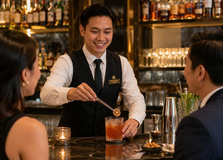 Smiling bartender garnishing a cocktail with dried citrus for a couple at a luxury hotel bar.