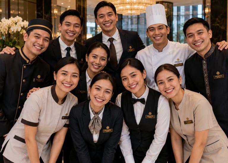 Smiling diverse luxury hotel staff group posing together in a grand lobby for hospitality services.
