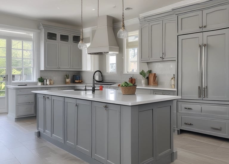 Freshly painted modern kitchen cabinets in soft gray with sleek hardware.