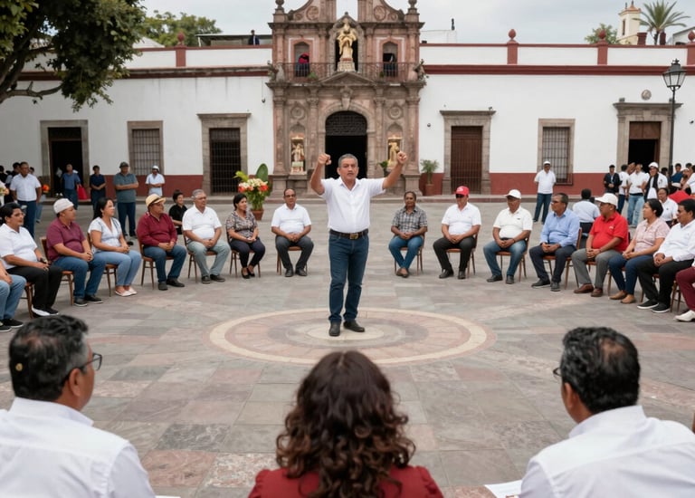 Government official presenting a digital communication strategy on a large screen.