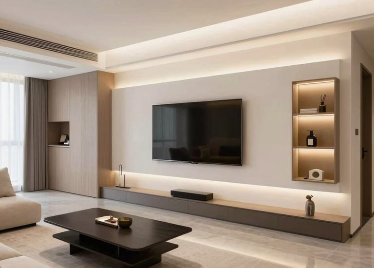 Cozy living room with custom-built shelves and ambient lighting.