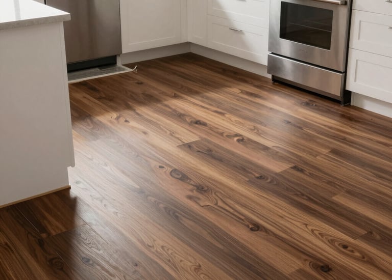 Before and after shot of a living room transformed with new laminate flooring.