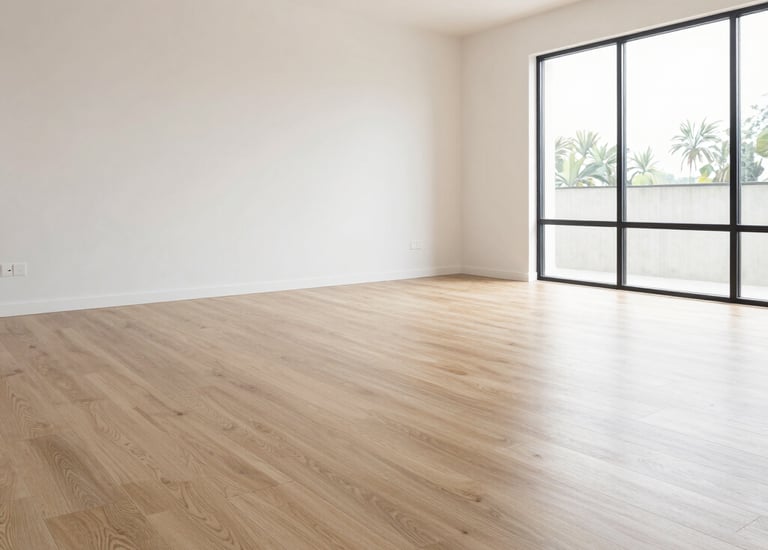 Close-up of freshly installed luxury vinyl plank flooring with natural wood grain texture.