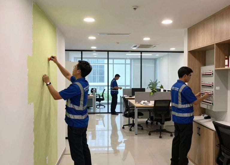 Technician repairing an office building's electrical panel with safety gear.