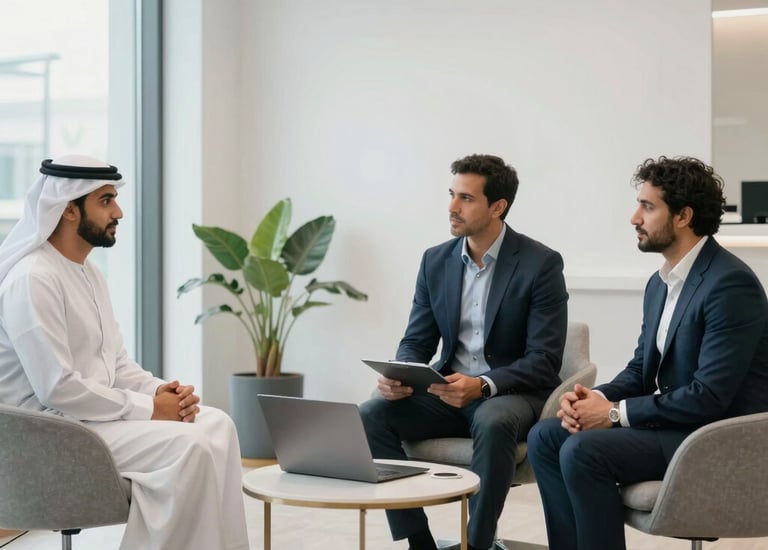 A modern office meeting room with diverse professionals collaborating over documents and laptops.