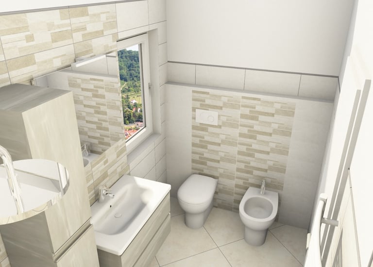 Modern bathroom interior featuring beige stone tile walls, a floating vanity sink, and white porcelain toilet and bidet.
