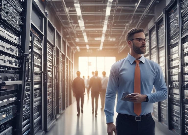 Team collaborating on IT infrastructure planning in a modern office.