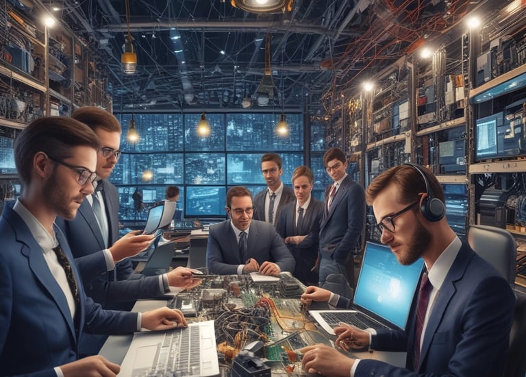 Technician installing cybersecurity software on multiple devices.