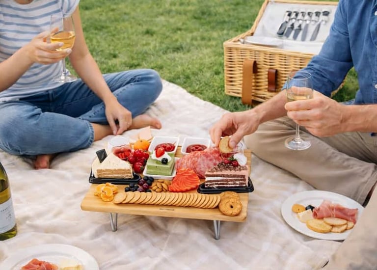 Couple sharing wine and snacks on a picnic with a compact elevated serving board