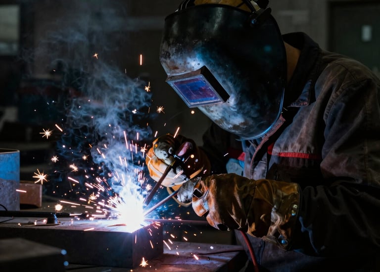 Sander welding metal parts in a bright workshop with tools around.