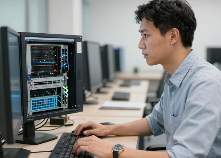 Close-up of hands troubleshooting telephone system hardware remotely.