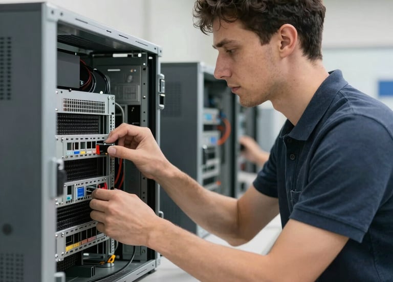 Technician remotely assisting a client with computer network setup via laptop.