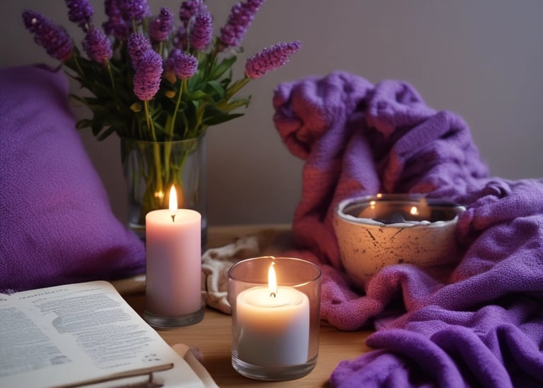Soft purple lighting highlighting a comfy throw blanket draped over a chair.